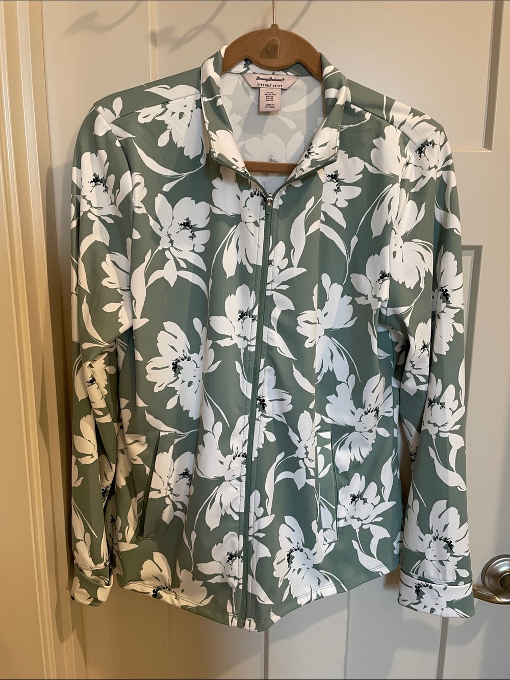 Tommy Bahama Sage Green Floral Zip Bomber Jacket